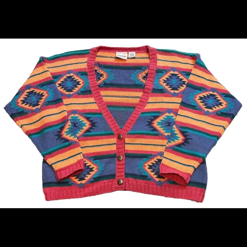 Vintage Nuovo Cardigan Sweater Knit Southwestern Aztec Desert Boho Tribal Wmns M